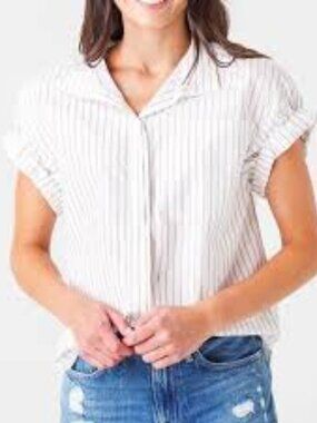 Frame Short Sleeve 100% Organic Cotton Button Down Blouse Medium Stripe Boxy Fit